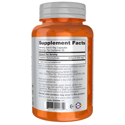 NOW Foods Creatine Monohydrate 750 mg, 120 Capsules