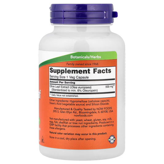 NOW Foods Extrato de Folha de Oliveira 500 mg 120 Cápsulas Vegetais