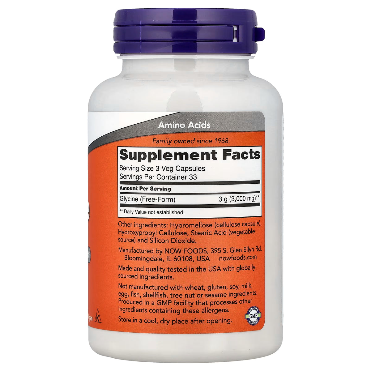 NOW Foods, Glicina, 100 Cápsulas Vegetais (1.000 mg por Cápsula)