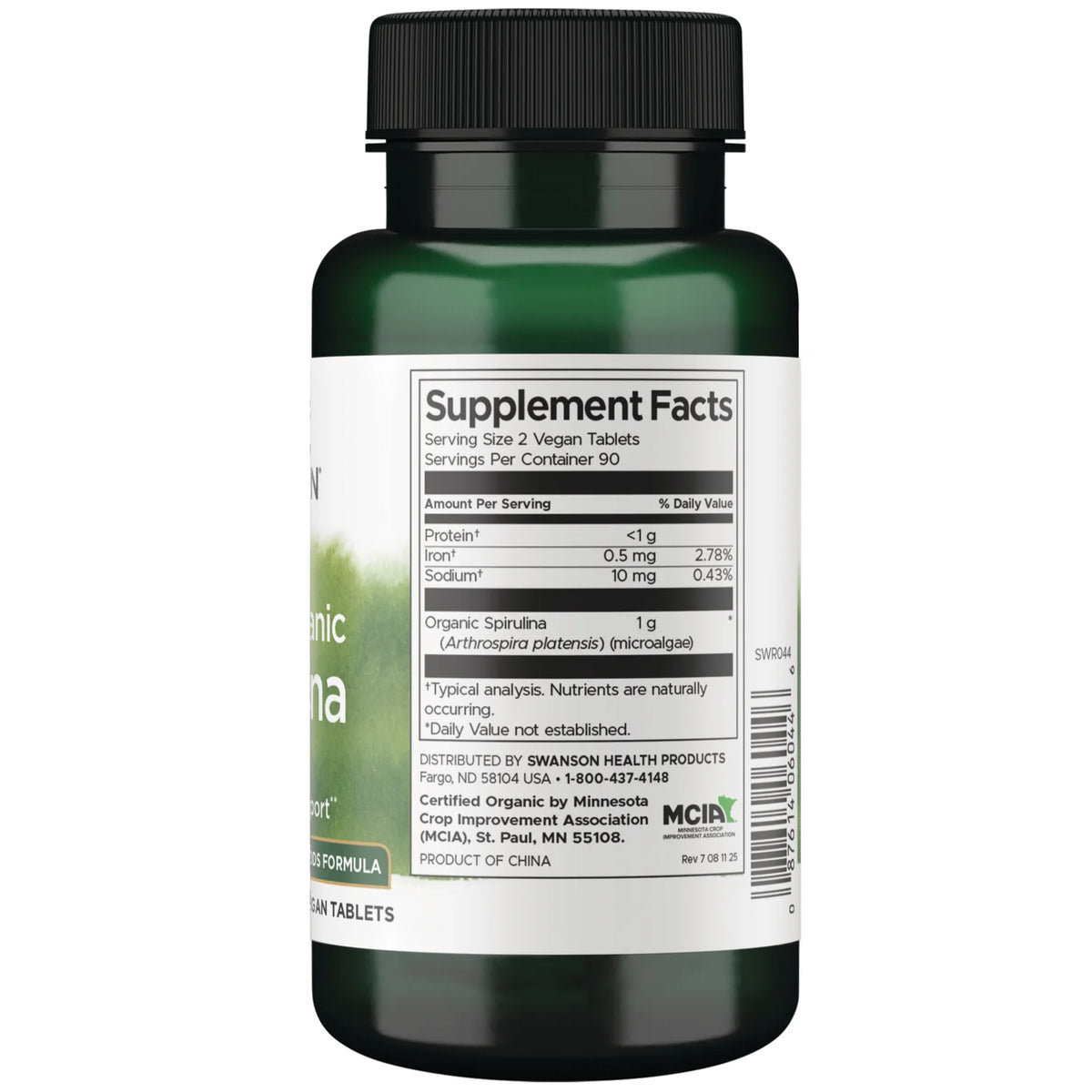Swanson Espirulina 100% Biológica Certificada 500 mg 180 Comprimidos