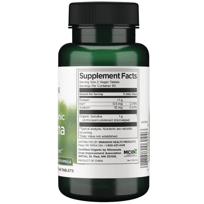 Swanson Espirulina 100% Biológica Certificada 500 mg 180 Comprimidos