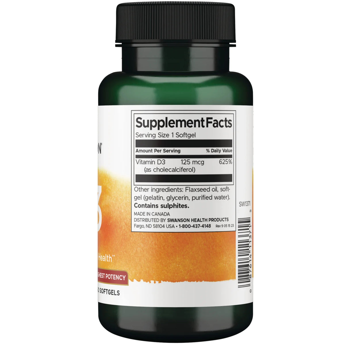 Swanson Vitamina D3 - Potência Máxima 5.000 UI (125 mcg) 250 Cápsulas Softgel